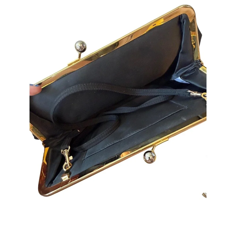 Vintage Evening Clutch Bundle Black Floral Velvet & Gold Metallic Kiss Lock Bag
